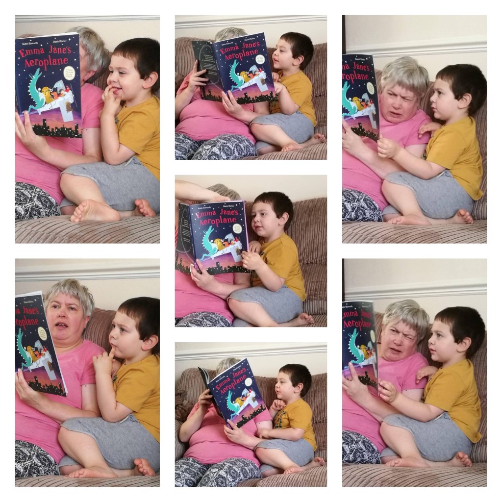7 photos of myself and my grandson reading a book called Emily Jane’s Aeroplane.
They are a combination of me holding the book close to my face to try to make out the words, and further away so my 3.5 year old grandson can see the pictures and we can discuss what’s in them.