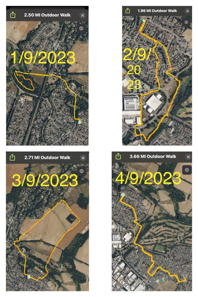 4 screenshots of my walks on the satellite map each has the mileage at the top and the date added in yellow on each map.
Top left is 1/9/2023
Top right is 2/9/2023
Bottom left is 3/9/2023
Bottom right is 4/9/2023
Fuller details are in the text of this post 