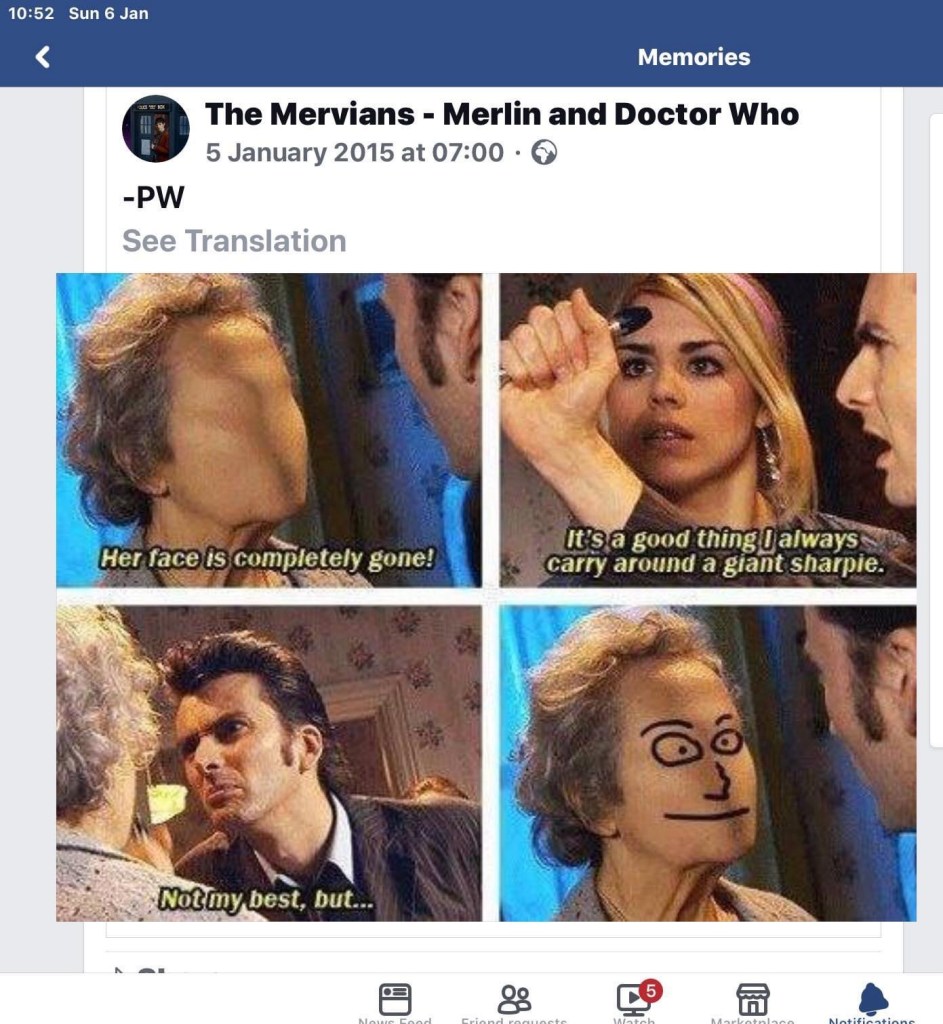 The image is a four-panel comic strip featuring characters from the TV show Doctor Who.

In the first panel, a close-up of a woman's head is shown, but her face is missing, leaving a blank surface. The text reads, "Her face is completely gone!"

In the second panel, David Tennant as the Doctor, is holding a large marker pen close to the woman's face, with the text, "It's a good thing I always carry around a giant sharpie." (Billie Piper as Rose is standing next to him).

In the third panel, the Doctor is shown drawing on the woman's blank face with the marker.

In the fourth panel, the woman now has a crudely drawn face with simple eyes, a nose, and a smiling mouth. The Doctor is looking at his work with a slightly dissatisfied expression, and the text reads, "Not my best, but..."

The image is meant to be humorous, playing on the idea of the Doctor being resourceful in a bizarre situation. (Description by Be My AI edited slightly by me).