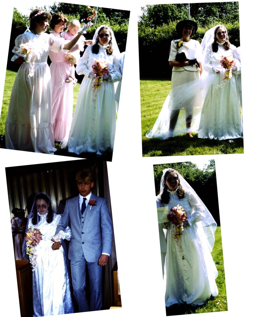 My photos are rather badly lit, a friend took them for me.
Top left 1 of my sisters, a friend and her daughter were a bridesmaid, matron of honour, and flower girl in this photo (my other 2 bridesmaids were my teenage baby sister and her friend all were in pink dresses) they are throwing confetti. I’m on the right of this photo wearing the dress I made myself. 
Top right is my mum in her knee length cream 2 piece skirt suit and navy hat. My veil is blowing in front of her legs.
Bottom left my brother in his grey suit walking me down the aisle.
Bottom right me holding the marriage certificate 