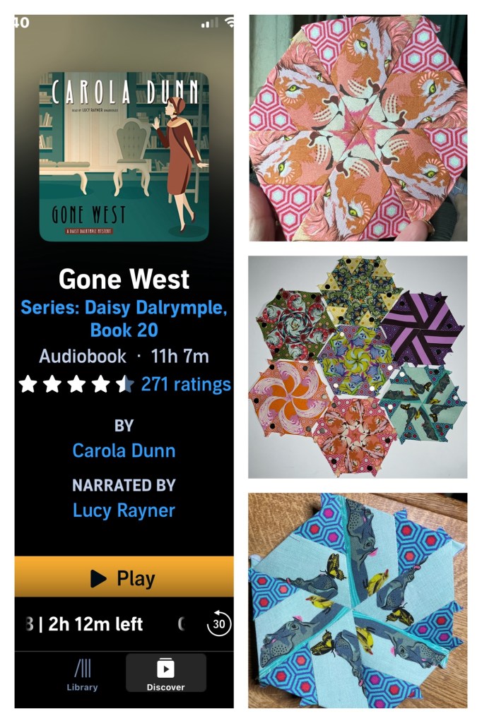 Left screenshot of Gone West in audible. The cover art is a lady wearing a cloche hat and flapper dress in a library with a coffee table and fancy dining chair. The text beneath this art has the information (title, author, narrator, length of book).
Top right the half hexagons are fussy cut lion heads (pink, and orange), the triangles are pastel blue hexagons with light and dark pink concentric hexagon lines- their spokes are clockwise). In the photo centre right this block is the bottom of the centre column.
Bottom right the half hexies are grey hippo heads alternating with a yellow bird or yellow butterfly on a blue background and are anti clockwise. The triangles are red hexagons with light and dark blue concentric hexagon lines. This block is the bottom of the two on the right column of the centre photo.