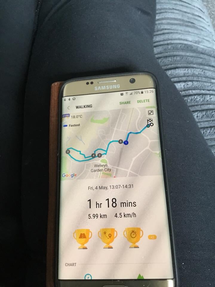 Walking app on my old Samsung phone with map of my route. It took me 1 hour 18 minutes to walk 5.99 kilometres 