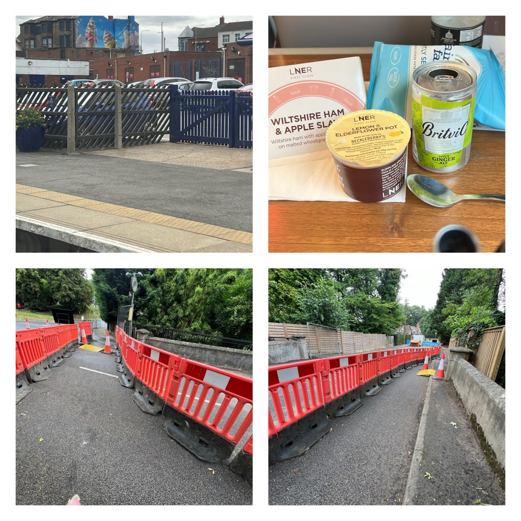 Top left:- the view from my train in Cleethorpes taken just before we left. Love that big ice cream mural on the side of a pub just beyond the station.
Top right:- my lunch, Ham and Apple Slaw sandwich, Lemon and Elderflower pot, ginger ale, plain crisps, and Harrogate water.
Bottom left:- looking back to the road towards the station at the beginning of the rat run built with red barriers.
Bottom right:- the maze continues with more barriers at the end I have to cross back to walk on the pavement 