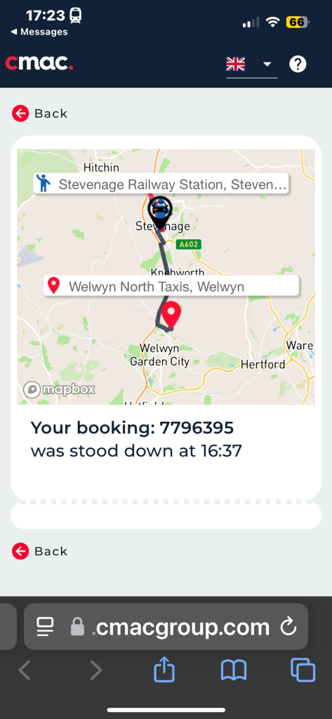 Screenshot of taxi signing off at Welwyn North Station 