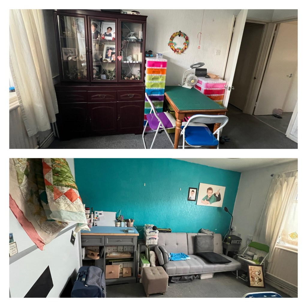 The image is divided into two sections, showing different parts of a room.

In the top section, there is a dark wooden cabinet with glass doors on the left side, displaying various items such as framed photos and small decorative objects. Next to the cabinet is a colorful set of plastic drawers in a rainbow of colors. In front of the drawers is a small table with a green surface, accompanied by folding chairs with different colored seats. On the wall above the table, there is a decorative wreath. A doorway is visible on the right side, leading to another room.

In the bottom section, there is a teal-colored wall with a framed photo of a child hanging on it. Below the photo is a gray sofa with a few cushions. To the left of the sofa is a small shelving unit with various items on top and inside. A quilt is hanging on the wall to the left. There is a window with light-colored curtains on the right side, allowing natural light into the room. A small green chair and a floor lamp are also visible near the window.