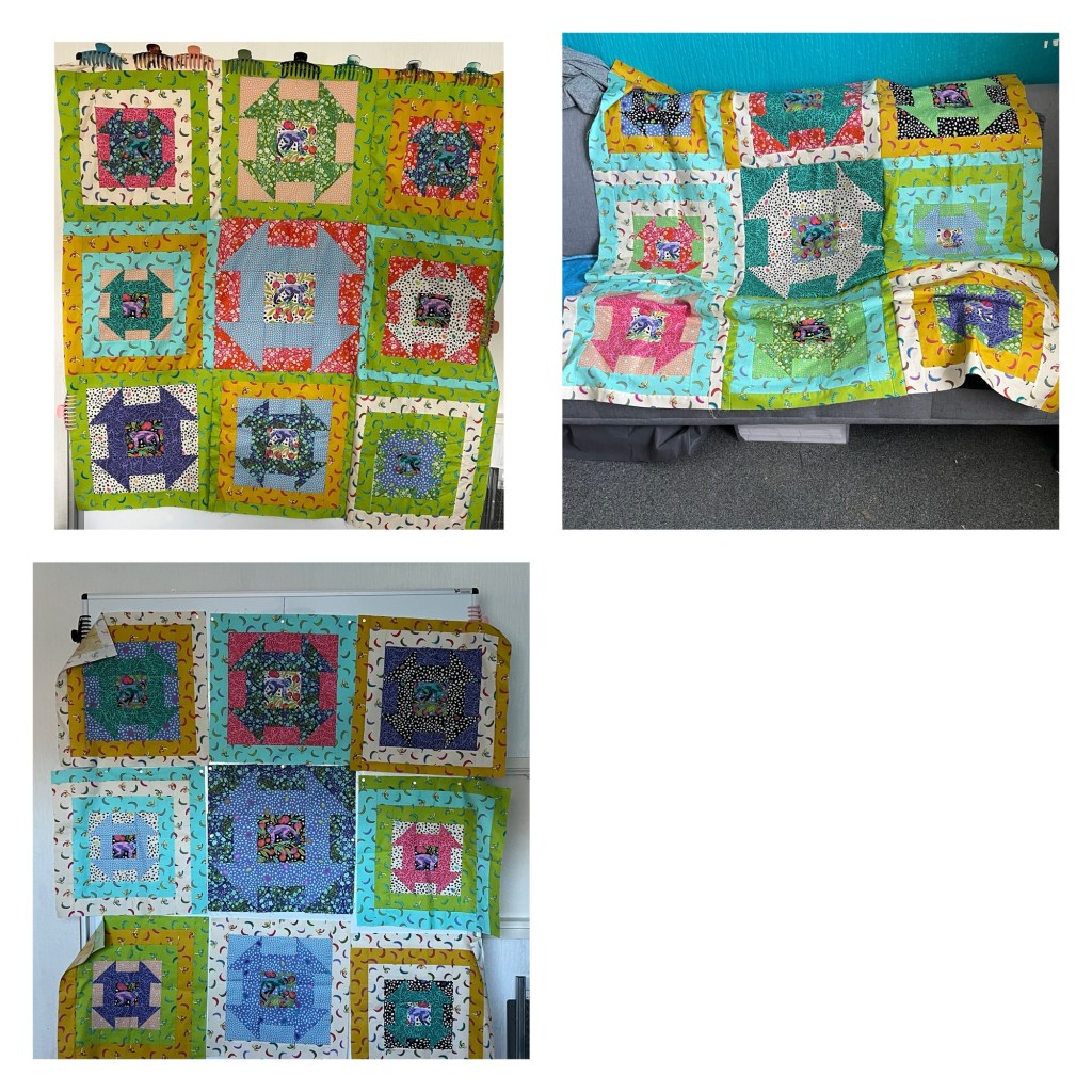 The image shows three different quilt tops, each composed of a grid of colorful quilt blocks. 

The top left quilt has nine blocks arranged in a 3x3 grid. Each block features a central square with various patterns, surrounded by multiple borders in different colors and patterns, including green, yellow, blue, and red.

The top right quilt is draped over a couch and also consists of nine blocks in a 3x3 grid. The blocks have a similar design to the first quilt, with central squares and colorful borders, featuring patterns in green, pink, blue, and yellow.

The bottom quilt is displayed on a wall and has nine blocks in a 3x3 grid. The blocks have central squares with various patterns and are bordered by colorful fabrics in shades of blue, green, yellow, and red. Each quilt block has a unique combination of colors and patterns, creating a vibrant and eclectic appearance.