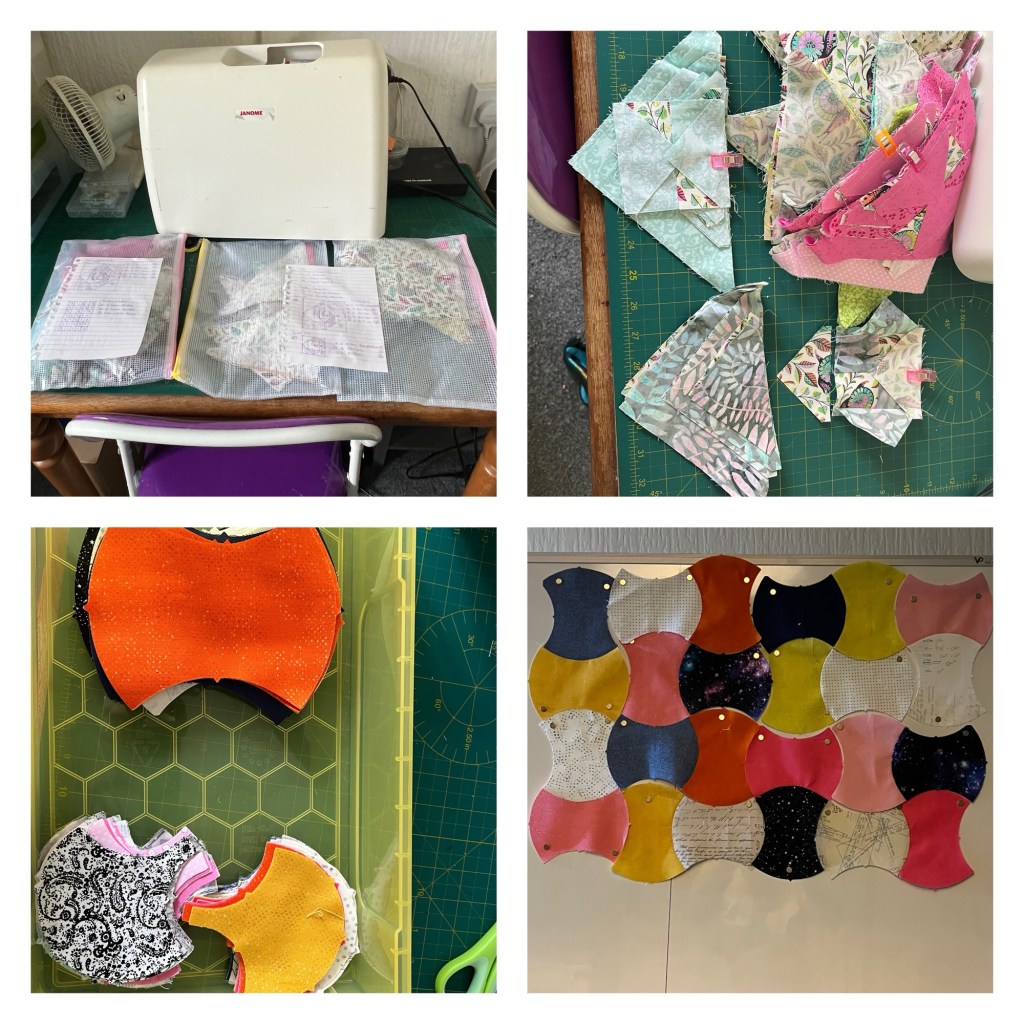 A collage of four images related to sewing and quilting.
Top left: A sewing machine on a table with a purple chair. There are two mesh folders with papers and fabric pieces inside, placed in front of the machine.
Top right: Various triangular fabric pieces in different patterns and colors, such as pink, green, and floral designs, are laid out on a cutting mat.
Bottom left: Curved fabric pieces in different colors and patterns, including orange, black, white, and pink, are organized in a yellow container on a cutting mat.
Bottom right: A quilt design pinned to a board, featuring a pattern of interlocking curved pieces in various colors and patterns, including yellow, orange, pink, blue, and black with stars.