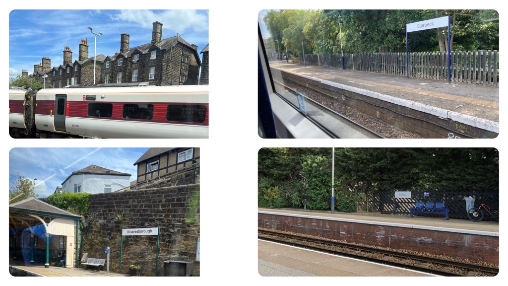 A collage of four train station scenes.
Top left: A white and red LNER train is stopped at Harrogate station with old stone buildings in the background. The buildings have multiple chimneys and steep roofs, and the sky is blue with some clouds.
Top right: A view from inside a train looking out at a platform with a sign that reads "Starbeck." There is a wooden fence and trees behind the platform.
Bottom left: A platform with a sign that reads "Knaresborough." There is a stone wall behind the sign, a small building with a covered area, and a couple of people sitting on a bench. Houses are visible above the wall.
Bottom right: A platform with a sign that reads "Cattal." There are blue benches, a black fence, some greenery, and a bicycle parked near the fence. The platform is empty.