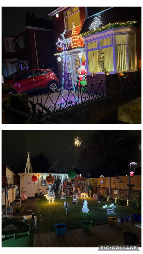 Two nighttime outdoor scenes filled with Christmas lights and decorations.

The top image shows the front of a house with an abundance of festive decorations. There's a red car parked in the driveway. The house is adorned with colorful string lights, a light-up Santa figure near the front door, glowing star and reindeer shapes, a spiral lit-up tree, and a decorated Christmas tree visible inside through the window. Lights also run along the upper edge of the house and around the window, giving off a lively, cheerful atmosphere.

The bottom image is a backyard with more Christmas-themed light displays. On the lawn, several glowing figures are featured, including multiple reindeer, a snowman, and a sleigh. Large decorative ornaments and illuminated shapes hang from above, while a garden shed is brightly lit in the background, topped by a tall, cone-shaped light resembling a Christmas tree. Colorful buckets are scattered around the deck in the foreground, and the overall scene is festive and vibrant, creating a magical winter wonderland.
